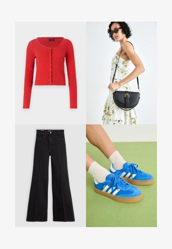 Cardigan roșu cu nervuri, cu guler rotund, mâneci lungi și închidere cu nasturi pe față, având margine decorativă cu valuri la guler.; Tricou alb dintr-un material moale și ușor. Prezintă un decolteu rotund și mâneci scurte, largi, cu un croi lejer. Fără modele vizibile.; Jeans negre cu talie înaltă și picioare largi, cu detalii pe cusătura din față, închidere cu nasture, lopeți pentru curea și buzunare frontale, pe un fundal simplu deschis.; Tenisi albaștri din suede cu dungi albe, talpă din cauciuc, vârf rotund și șireturi din material. Asortați cu șosete crem pe o suprafață verde.; Geantă din piele neagră, cu o formă curbată, curea detașabilă și accesorii aurii. Geanta are un capac cu un detaliu tip cataramă.