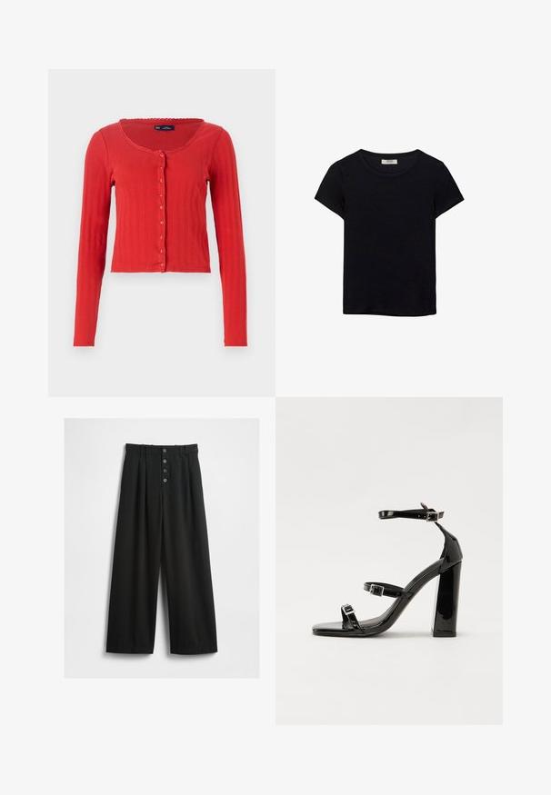 Röd ribbad cardigan med rund halsringning, långa ärmar och knäppning framtill, med dekorativt vågigt kant längs halsringningen.; Svart t-shirt med kort ärm, tillverkad av mjukt tyg. Har en klassisk rund halsringning och en avslappnad passform. Inga mönster eller detaljer synliga.; Vida svarta byxor med vida ben, tillverkade av ett texturerat tyg. Har hög midja, framknäppning med fem knappar och pressade vecken för extra detalj.; Svarta lackerade klacksandaler med fyrkantig tå, ankelremmar och silverfärgade spännen. Har en kraftig blockklack för stabilitet.