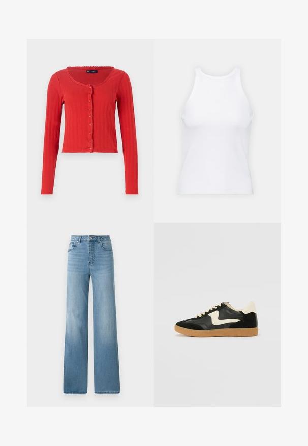 Roter gerippter Cardigan mit rundem Ausschnitt, langen Ärmeln und Knopfverschluss an der Vorderseite, mit dekorativem Wellenbesatz am Ausschnitt.; Weißes ärmelloses Tanktop aus geripptem Stoff, mit rundem Ausschnitt und figurbetonter Silhouette, minimalen Nähten und ohne Verzierungen.; Helleblaue hochtaillierte Jeans mit geradem Bein. Aus Denim gefertigt, mit fünf Taschen und einem Knopfverschluss.; Schwarze Wildleder- und Leder-Sneaker mit einem cremefarbenen Seiten-Swoosh und einer hellcremefarbenen Ferse. Ausgestattet mit beige Schnürsenkeln und einer Gummilaufsohle.