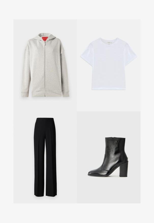 Haut de sweat zippé gris clair avec une texture douce, doté d'une fermeture éclair à l'avant et d'une capuche. Design simple, sans motifs ni accents supplémentaires.; T-shirt blanc court en coton doux, avec un col rond et des manches courtes, d'ajustement légèrement décontracté. Pas de motifs ni d'accents.; Pantalons noirs à jambes larges avec une texture lisse, dotés d'une taille haute et de plis centraux. Pas de motifs visibles ni de détails en matériel.; Bottine en cuir noir, avec une texture lisse, un bout pointu et un talon chunky haut. Présente une ouverture sur le côté et un design minimaliste.