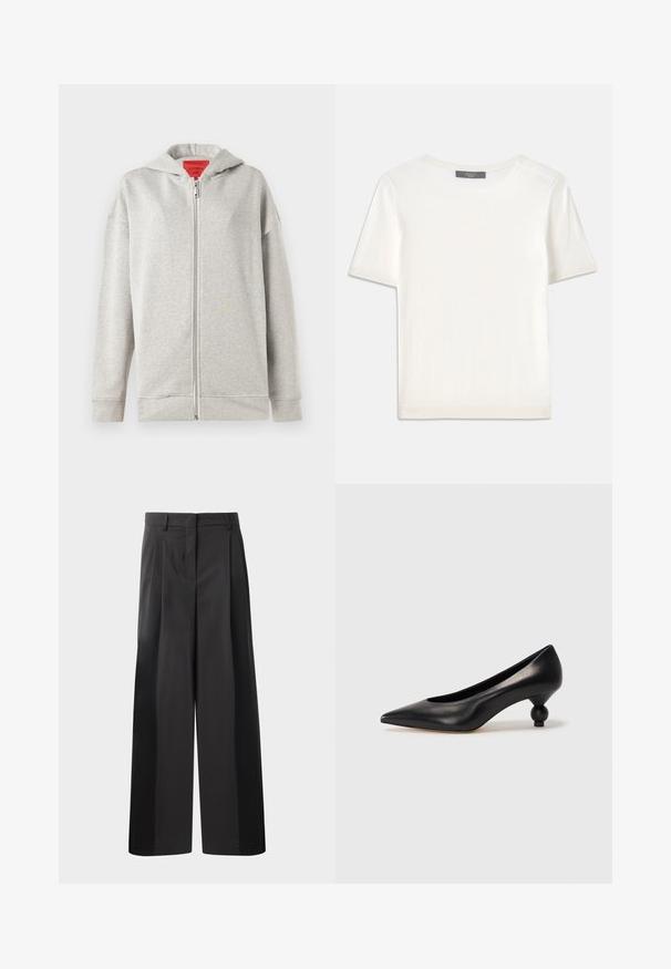 Hellgrauer Reißverschluss-Hoodie mit weicher Textur, ausgestattet mit einem Frontreißverschluss und einer Kapuze. Einfaches Design, keine Muster oder zusätzlichen Akzente.; Weißes kurzärmliges Strickoberteil mit rundem Halsausschnitt, das eine glatte Textur und subtile Rippakzente an den Ärmeln und dem Saum aufweist.; Schwarze, weit geschnittene Hose mit hoher Taille, versehen mit Frontfalten, einer glatten Textur und einem maßgeschneiderten Finish. Entworfen für eine lockere Passform.; Schwarze Leder-Pumps mit spitzem Zehenbereich und runder, ballförmiger Ferse. Glatte Textur mit einem eleganten, minimalistischen Design.