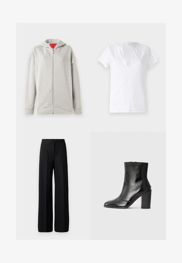 Světle šedá mikina na zip s jemnou texturou, s předním zipem a kapucí. Jednoduchý design, bez vzorů nebo dalších akcentů.; Bílá bavlněná tričko s krátkými rukávy, volným střihem a výstřihem do V se zapínáním na pět dekorativních knoflíků.; Široké černé kalhoty s hladkou, matnou texturou. Plochý pas bez viditelného kování nebo vzorů. Jednoduchý a elegantní design.; Černé kožené kotníkové boty s hladkou texturou, špičatou špičkou a robustním vysokým podpatkem. Mají boční otvor a minimalistický design.