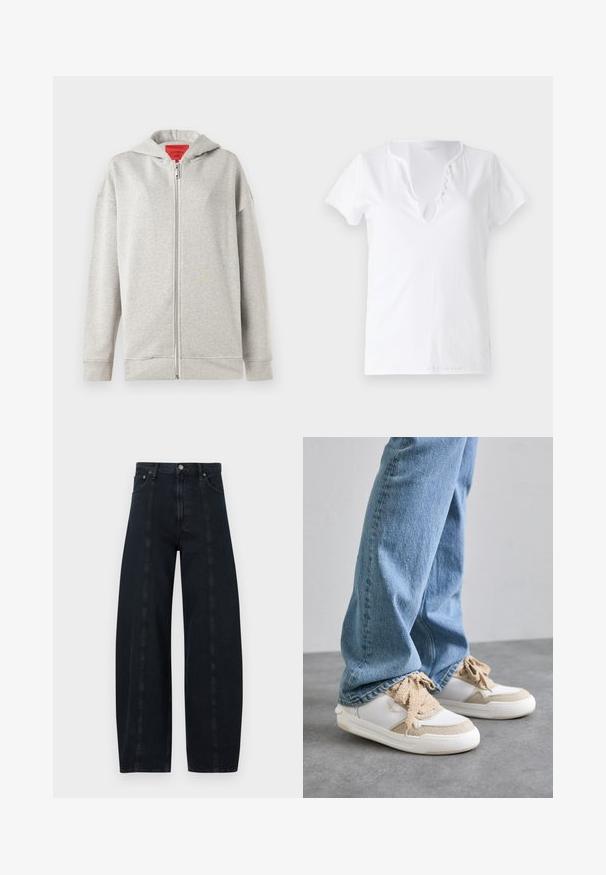 Felpa con zip grigia chiara dal tessuto morbido, con zip frontale e cappuccio. Design semplice, senza motivi o ulteriori dettagli.; T-shirt bianco in cotone con maniche corte, vestibilità comoda, e scollatura a V con una pettorina decorativa con cinque bottoni.; Jeans in denim scuro a gamba larga con vita alta, dotati di cuciture a contrasto e classico styling a cinque tasche. Texture liscia, senza motivi visibili.; Sneaker bianche e beige con pannelli testurizzati, dotate di lacci beige e suola in gomma, abbinate a jeans in denim azzurro chiaro.