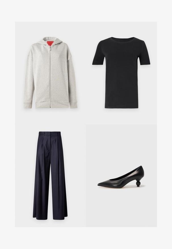 Jasnoszara bluza z kapturem na zamek, o miękkiej fakturze, z przednim zamkiem błyskawicznym i kapturem. Prosty design, bez wzorów ani dodatkowych akcentów.; Czarny t-shirt z krótkim rękawem, wykonany z miękkiej bawełny, z okrągłym dekoltem i klasycznym krojem. Gładka faktura, bez wzorów lub ozdób.; Szerokie spodnie w ciemnoniebieskim kolorze, z plisami, gładką teksturą, dopasowanym krojem i wysokim stanem.; Czarna skórzana szpilka z ostrym czubkiem i okrągłym, kulistym obcasem. Gładka tekstura z eleganckim, minimalistycznym wzornictwem.