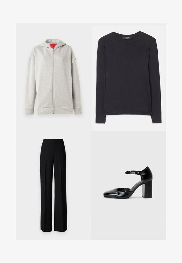 Hellgrauer Reißverschluss-Hoodie mit weicher Textur, ausgestattet mit einem Frontreißverschluss und einer Kapuze. Einfaches Design, keine Muster oder zusätzlichen Akzente.; Schwarzes Langarmshirt mit Rundhalsausschnitt, aus weichem Stoff. Hat ein einfaches Design und subtile Stickdetails entlang des Saums.; Schwarze weite Hosen mit einer glatten Textur, ausgestattet mit einem hohen Bund und mittleren Falten. Keine sichtbaren Muster oder Hardware-Details.; Schwarze patentierte Leder-High Heels mit quadratischer Zehenform, Knöchelriemchen und dicker Absatz. Enthält durchbrochene Details entlang des Randes.