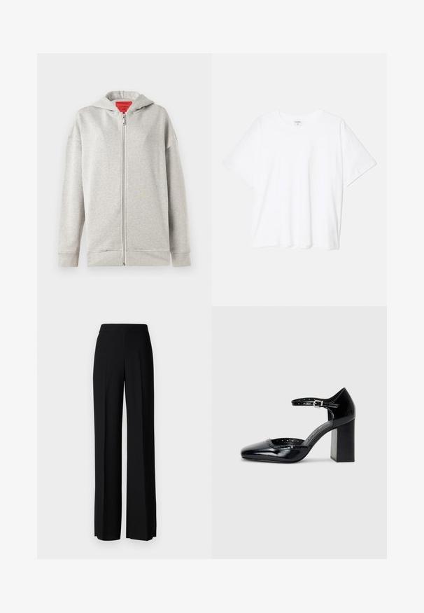Lichtgrijze zip-up hoodie met een zachte textuur, voorzien van een voorrits en een capuchon. Eenvoudig ontwerp, zonder patronen of extra accenten.; Witte katoenen t-shirt met korte mouwen, ronde halslijn, comfortabele pasvorm en gestikte zoom. Etiket zichtbaar aan de binnenzijde van de hals.; Zwarte wijde broek met een gladde textuur, voorzien van een hoge tailleband en middelste plooien. Geen zichtbare patronen of hardware-details.; Zwarte lakleren hoge hakken met een vierkante neus, enkelbandje en een chunky hak. Inclusief geperforeerde details langs de rand.