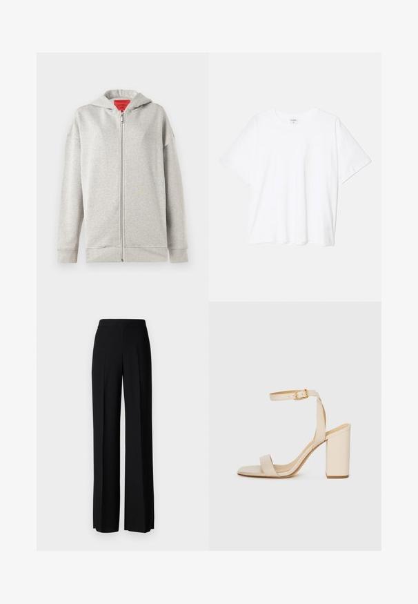 Svetlo siva kapuca na zip, zmehke teksture, z zadnjim zadrgo in kapuco. Preprost dizajn, brez vzorcev ali dodatnih detajlov.; Bela bombažna majica s kratkimi rokavi, okroglim izrezom, sproščenim krojem in šivanim robom. Oznaka vidna na notranji strani izreza.; Črne široke hlače z gladko teksturo, z visokim pasom in središnjimi pregibi. Brez vidnih vzorcev ali kovinskih detajlov.; Bež visoke sandale s kvadratnim nosom, tankim trakicama okoli gležnja in blok peto. Gladka usnjena tekstura s podrobnostjo v zlati barvi.