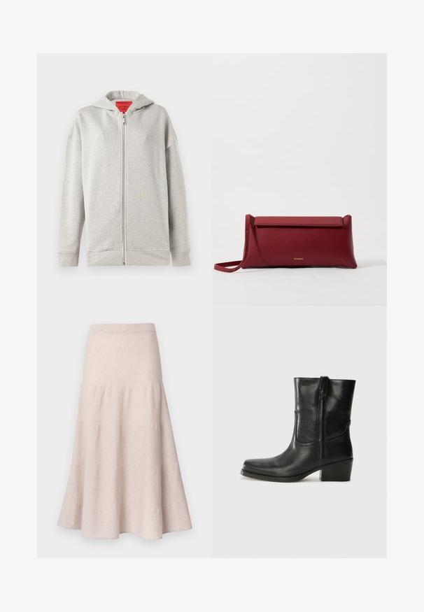 Lichtgrijze zip-up hoodie met een zachte textuur, voorzien van een voorrits en een capuchon. Eenvoudig ontwerp, zonder patronen of extra accenten.; Zwarte tanktop met dunne spaghettibandjes, gemaakt van ribstof, met een rechte snit en een label op de hals dat "IVY OAK" zegt.; Lichtbeige uitlopende rok van zachte stof, met een hoge taille en een geplooid ontwerp met een vloeiende silhouet.; Zwarte leren enkellaars met een ronde neus, blokhak, zijrits en stikselaccenten op de wreef. Gladde textuur, klassiek ontwerp.; Rode leren clutch met een gestructureerde afwerking, met een vlakke omvouwtop en een korte strap. Subtiele merklogo op de voorkant.