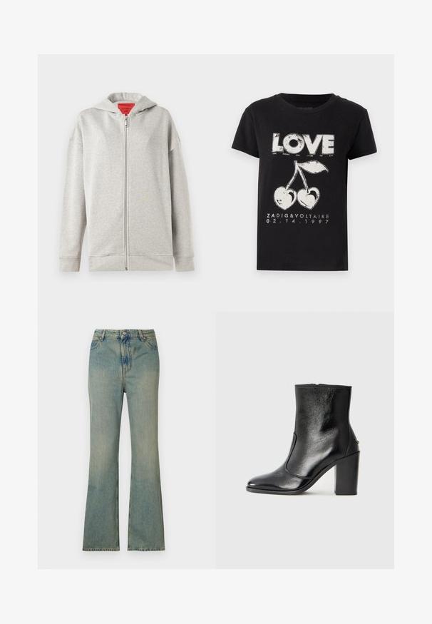 Felpa con zip grigia chiara dal tessuto morbido, con zip frontale e cappuccio. Design semplice, senza motivi o ulteriori dettagli.; T-shirt in cotone nero con stampa grafica bianca della parola "LOVE" e due ciliegie a forma di cuore, insieme al testo del marchio e alla data.; Jeans a zampa di elefante in denim azzurro chiaro con vita alta, cinque tasche e chiusura con zip. Finitura pulita e sbiadita con dettagli di cucitura sottili.; Stivale alla caviglia in pelle nera, con una superficie liscia, punta affilata e tacco alto e massiccio. Presenta una apertura laterale e un design minimalista.
