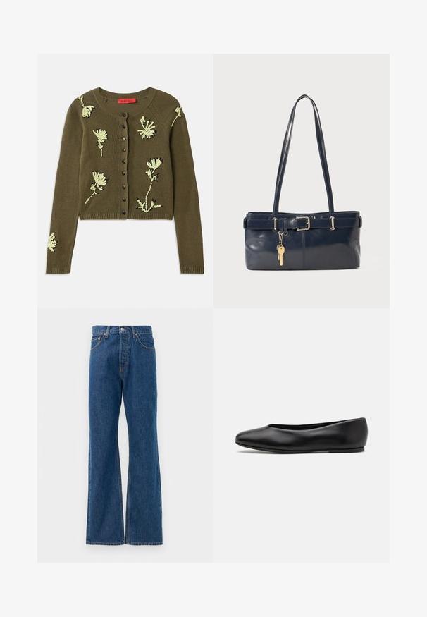 Olivgrüner Strickcardigan mit floraler Stickerei in Hellgrün und Schwarz, runder Ausschnitt, langen Ärmeln und Knopfverschluss vorne.; Gestreifte Bluse mit weißem Grund, versehen mit schmalen, mehrfarbigen Linien in Blau, Orange und Grün. Lange Ärmel und klassischer Kragen.; Blaue, ausgestellte Jeans aus Denim mit hoher Taille, fünf Taschen, silbernem Knopfverschluss und sichtbaren Nähten.; Paul Smith TOPANGA - Klassischer Ballerina - black; Marineblaue Lederhandtasche mit zwei langen Griffen, einer Schnallen-Detailierung und einem daran befestigten Schlüsselanhänger. Besitzt eine glatte Textur und eine rechteckige Form.