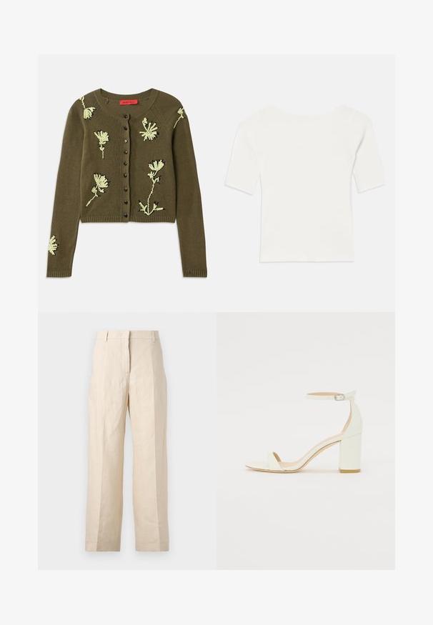 Maslinasto zeleni pleteni kardigan sa cvjetnom vezom u svijetlozelenoj i crnoj boji, okrugli izrez, duži rukavi i prednje zatvaranje na dugmad.; Bijeli rebrasti kratki rukav s širokim izrezom. Tekstura sadrži vertikalne pruge, naglašavajući uski kroj i jednostavan dizajn.; Bež lanene hlače s opuštenim krojem, nabranim prednjim dijelom i ravnim nogavicama. Imaju pojas s petljama za remen i bez vidljivih džepova.; Bijela kožna sandala na blok petu s remenom oko zapešća i minimalističkim dizajnom. Otvoreni nos i glatke teksture kroz cijelu obuću.