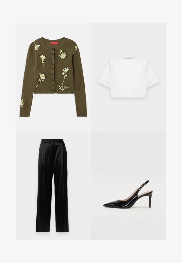 Cardigã de malha verde-azeitona com bordado floral em verde-claro e preto, gola redonda, mangas longas e fecho frontal com botões.; T-shirt branca corta, feita de tecido macio, apresentando mangas curtas, um decote redondo e detalhes de bainha canelada. Design simples e despretensioso.; Calças pretas de cetim de cintura alta com pernas largas e retas, passantes para cinto e fecho frontal plano sobre um fundo branco liso.; Sandal com salto em verniz preto, bico fino, salto esguio e um design de recorte subtil. Apresenta uma fivela dourada na alça.