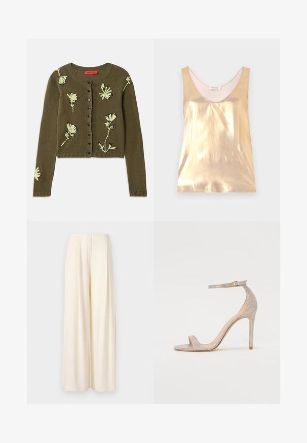 Olive green knit cardigan featuring floral embroidery in light green and black, round neckline, long sleeves, and button front closure.; Metallic gold sleeveless top with a deep scoop neckline. Smooth texture, fitted design, and a soft inner lining.; Norma Kamali MENS PLEAT - Trousers - cream; Strappy high-heeled sandal in metallic rose gold, featuring a textured upper, open toe, and ankle strap with a gold buckle detail.