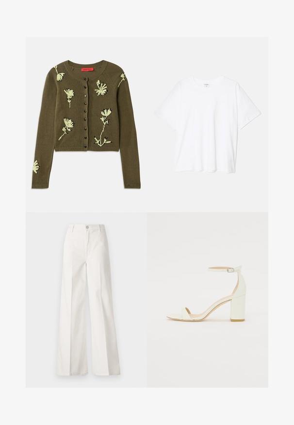 Cardigã de malha verde-azeitona com bordado floral em verde-claro e preto, gola redonda, mangas longas e fecho frontal com botões.; T-shirt de algodão branco com mangas curtas, decote redondo, corte descontraído e bainha cosida. Etiqueta visível no interior do pescoço.; Calças largas brancas feitas de algodão com uma textura suave. Apresenta um botão frontal, fecho de correr e um design de quatro bolsos.; Sandal de bloco em pele branca, apresentando uma correia no tornozelo com fivela e um design minimalista. Com biqueira aberta e texturas suaves ao longo de toda a peça.