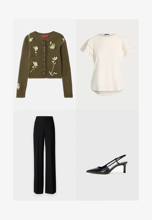 Olivenfarget strikket cardigan med blomsterbroderi i lys grønn og svart, rund hals, lange ermer og knappfeste foran.; Lys kremfarget kortermet topp med blonderdetaljer på ermene, rund hals og en svakt buet søm for en avslappet passform. Myk stofftekstur.; Sorte vidde bukser med en glatt tekstur, med høy midje og sentrale folder. Ingen synlige mønstre eller maskinvaredetaljer.; Sorte patent slingback hæl med spids tå, featuring tekstureret slangeskind, justerbar rem og en kort, tekstureret blokhæl.
