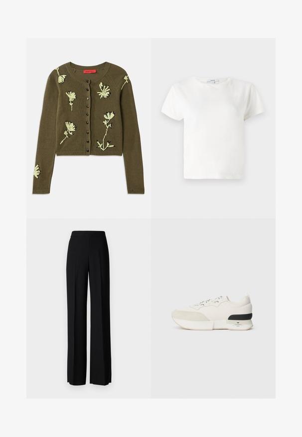 Oliivroheline kootud kardigan, millel on heleda rohelise ja musta lilleline tikand, ümmargune kaelus, pikad varrukad ja nööpdetailiga eesmine sulgemine.; Valge puuvillane t-särk lühikeste varrukatega, ümar kaelus ja relaxed fit. Silt on nähtav kaeluse juures, sile tekstuur. Lihtne disain, ilma ornamentideta.; Mustad laiad püksid mustas värvitoonis, sujuva tekstuuri ja kõrge vöökoha ning keskmiste voldikutega. Ilma nähtavate mustrite või tarvikute detailideta.; Valged tennisajad, millel on tekstureeritud sametist varbakatteosa, siledast võrgust pealmine osa, dekoratiivsed nöörid ja musta kummist kontsa aksent.