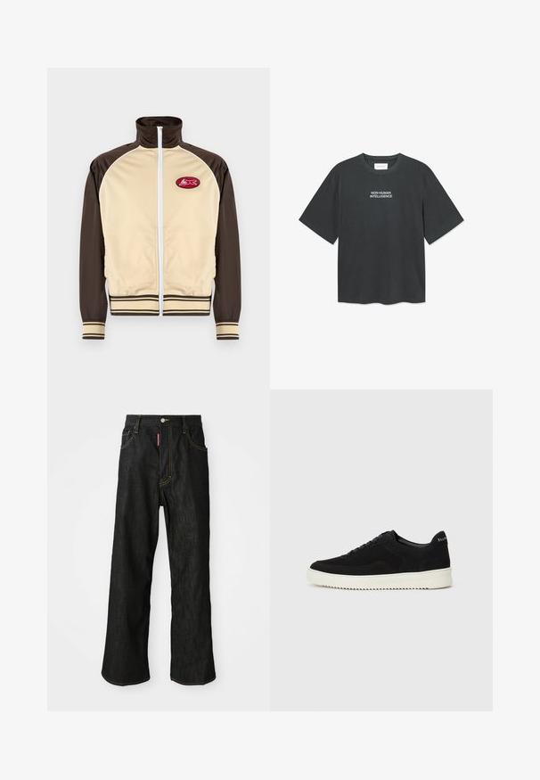 Bež in rjav zip-up jopič z visokim ovratnikom, črtastimi manšetami in robom, z okroglo nalepko rdeče zasnove na levi strani prsnega predela.; Temno siva bomba majica iz bombaža s kratkimi rokavi in okroglim izrezom, na sredini prsnega dela pa je bel napis "NE-ČLOVEŠKA INTELIGENCA".; Črne ravne hlače z rumenim šivom, pet žepov, gumbno zapiranje in majhna rdeča oznaka na sprednjem desnem žepu.; Črni semiš teniški copati z vezalkami in kontrastnim belim gumijastim podplatom. Imajo teksturirane stranske panele in subtilno oznako na peti.