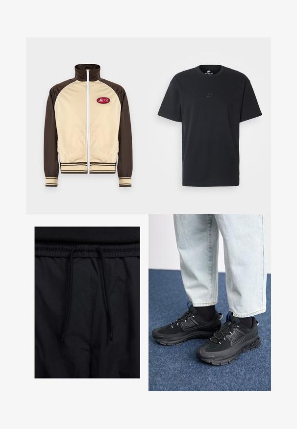 Béžová a hnedá zipsová bunda s vysokým golierom, pruhovanými manžetami a lemom, s okrúhlym nášivkom s červeným dizajnom na ľavej strane hrude.; Čierne bavlnené tričko Nike s klasickým okrúhlym výstrihom, krátkymi rukávmi a jemne embosovaným logom na hrudi. Hladká textúra.; Čierne šortky s pásom na stiahnutie, z ľahkej látky s hladkou textúrou a jednoduchým dizajnom bez viditeľných log alebo vzorov.; Čierne športové topánky s textúrovanou tkaninou a gumovou podrážkou, so elastickými šnúrkami a modrým akcentom na päte. Nosia sa s svetlými riflami.