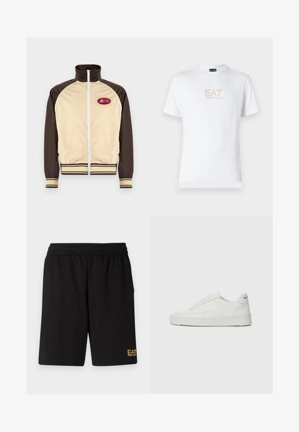 Bežs un brūns jaku ar rāvējslēdzēju, augstu apkakli, svītrainām aprocēm un apakšmalu, ar apaļu uzlīmi ar sarkanu dizainu kreisajā krūtīs.; Balta kokvilnas t-kreklā ar apaļu kakla izgriezumu un īsām piedurknēm, ar zeltītu EA7 Emporio Armani logotipu uz priekša.; Melnas sporta šortus, kas izgatavoti no mīksta auduma, ar elastīgu jostu un mazu dzeltenu EA7 logo zem kreisā kājas stūra.; Baltas ādas sneakers ar gludu virsmu, apaļu pirkstu daļu, plakaniem šņorēm un teksturētu zoli. Satur diskrētu logotipu uz papēža.