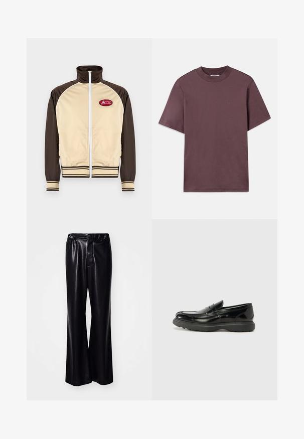 Beige og brun zip-up jakke med høj krave, stribede mansjetter og nederkant, der har et rundt mærke med et rødt design på venstre brystområde.; Kortærmet T-shirt med rund hals i mørk mauve, lavet af blød bomuld. Har minimal branding i matchende farve på forsiden.; Sorte bukser i bredt ben i imiteret læder med høj talje, der har frontlynlås, knaplukning og to sidelommer. Glat tekstur.; Sort læderloafer med en blank finish, rund tå, subtile syninger og en tyk gummisål for holdbarhed.