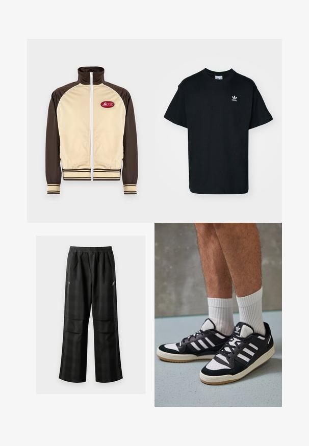 Beige og brun zip-up jakke med høj krave, stribede mansjetter og nederkant, der har et rundt mærke med et rødt design på venstre brystområde.; Sorte bomulds T-shirt med rund hals og korte ærmer, prydet med et lille hvidt Adidas-logo på venstre brystområde.; Sorte ternede bukser med elastisk talje, to forlommer og en løs pasform med lige ben. Fremstillet af letvægtsmateriale.; Sorte og hvide sneakers med en overdel i ruskind og læder, der har tre hvide striber, en perforeret tå og en sål i gummigummi.