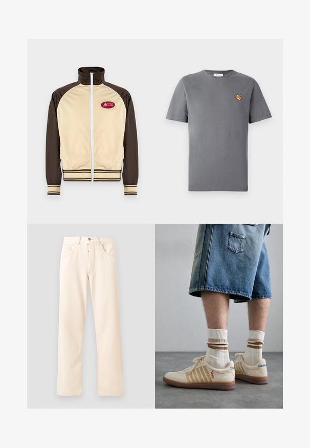 Beige- und braune Zip-Jacke mit hohem Kragen, gestreiften Bündchen und Saum, ausgestattet mit einem runden Aufnäher mit einem roten Design im linken Brustbereich.; Graues Baumwoll-T-Shirt mit einer kleinen orangefarbenen Fuchs-Kopf-Stickerei über der linken Brust. Rundhalsausschnitt, kurze Ärmel und eine klassische Passform.; Helle beige Denim-Jeans mit geradem Bein, fünf Taschen und einer Knopfverschluss vorne. Nähte sichtbar entlang der Nähte.; Beige Retro-Sneaker mit braunem Gummisohle, mit gestreiften Akzenten und gestickten Logos. Getragen mit weißen Socken, gestreiftem braunen Detail.