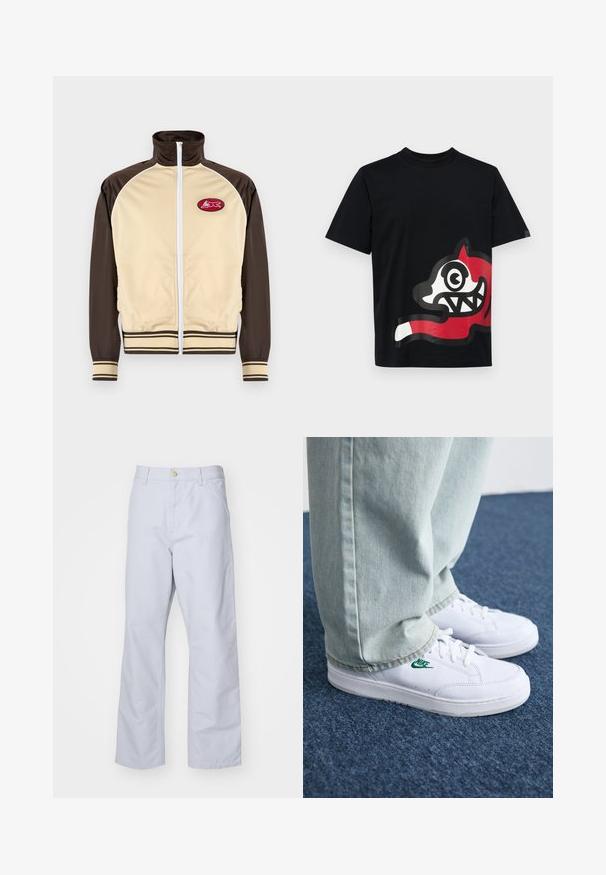 Veste zippée beige et marron avec col haut, poignets et ourlet rayés, featuring un patch rond avec un design rouge sur la zone gauche de la poitrine.; Icecream JUMBO RUNNING DOG - T-shirt imprimé - black; Pantalon droit bleu clair en coton. Comprend une poche frontale, un zip et un seul bouton en métal à la taille.; Baskets en cuir blanc avec logo Nike vert, bout rond, semelle plate, associées à un pantalon en denim bleu clair, présentées sur un tapis bleu.