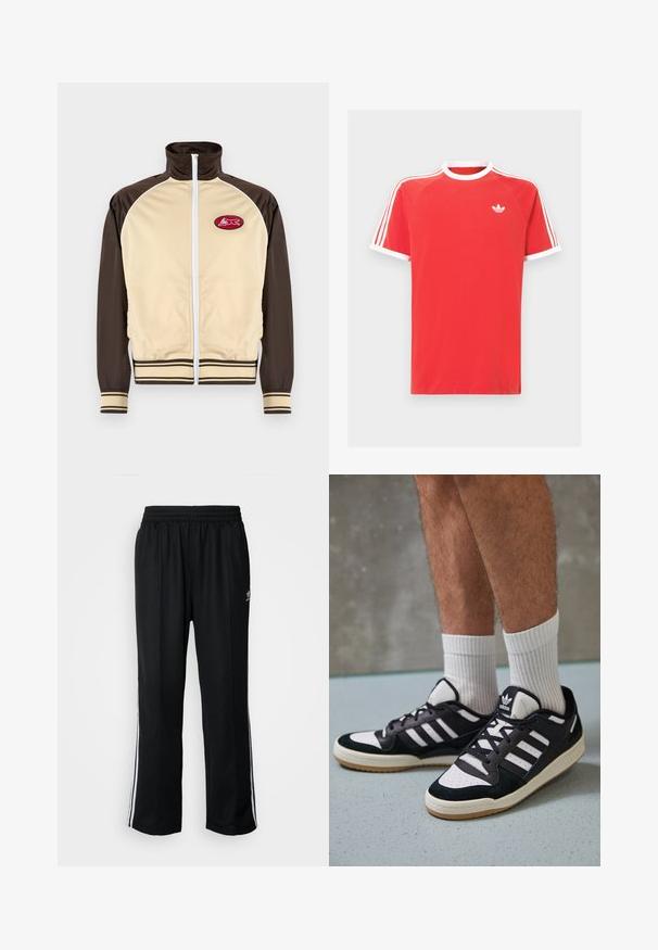 Beige og brun zip-up jakke med høj krave, stribede mansjetter og nederkant, der har et rundt mærke med et rødt design på venstre brystområde.; Rød bomulds t-shirt med hvid krave og ærmekanter. Har hvide tre-stribe design på skuldrene og et lille hvidt logo på brystet.; Sorte træningsbukser med elastisk talje, der har hvide sidestænger og et lille logo. Materialet ser blødt og let ud.; Sorte og hvide sneakers med en overdel i ruskind og læder, der har tre hvide striber, en perforeret tå og en sål i gummigummi.