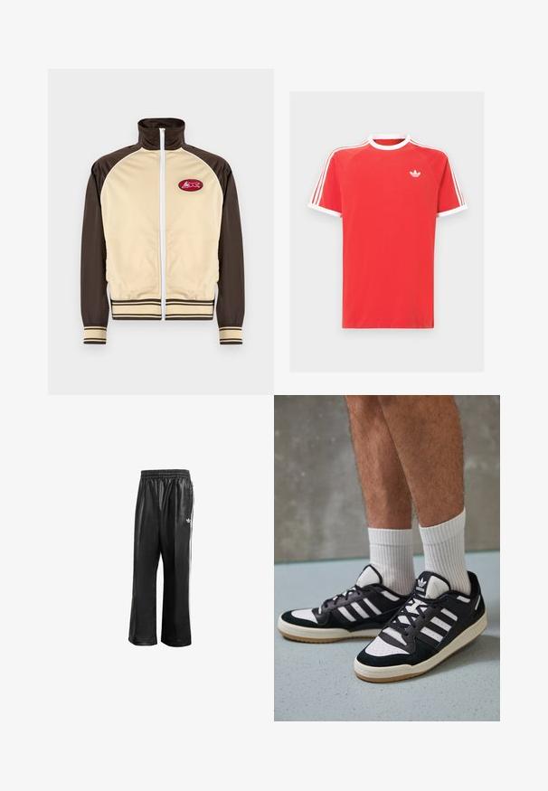 Bež jaquet, pruunide vetthülgavade, kõrge krae, triibulised varrukad ja äär, mille vasakul rinnal on ümaräht punase kujundusega. ; Punane puuvillane T-särk valge krae ja varrukate äärestustega. Omab valget kolmestriipide kujundust õlgadel ja väikest valget logosümbolit rinnal.; Mustad sünteetilised spordipüksid mustas värvuses, elastse vöökohaga, valgete külgmiste triipudega ja vasakul puusal väikese valge logoga.; Mustvalged ja valged spordijalatsid, mille pealmine osa on valmistatud suede'ist ja nahast. Kingadel on kolm valget riba, auguline varvas ja kummist tald.