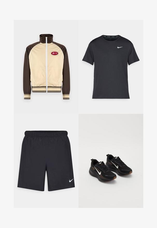 Beige and brown zip-up jacket with high collar, striped cuffs and hem, featuring a round patch with a red design on the left chest area.; Black Nike running T-shirt made of lightweight, breathable material, featuring short sleeves and a small white logo on the chest.; Black athletic shorts made of lightweight material with an elastic waistband. Features a small white Nike logo on the lower left side.; Black athletic shoes with a breathable mesh upper, white Nike swoosh, textured sole, and contrasting brown accents. Includes reinforced heel.