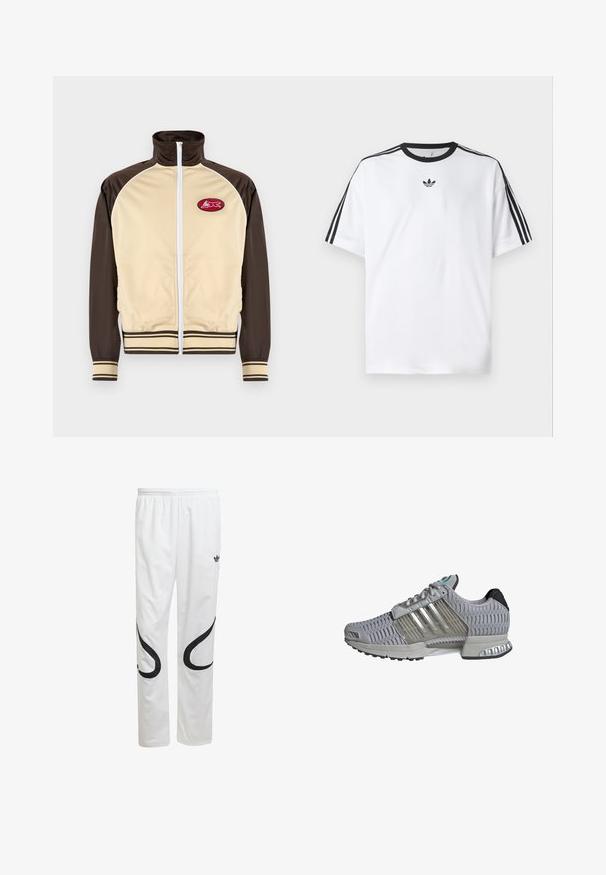 Béžová a hnědá zipová bunda s vysokým límcem, pruhovanými manžetami a lemem, s kulatou nášivkou s červeným designem na levé části hrudi.; Bílá bavlněná tričko s černým kulatým výstřihem a třemi černými pruhy na každém rameni. Malé černé logo na hrudi.; Bílé sportovní kalhoty s hladkým povrchem, zdobené černými křivými vzory na bocích a černým logem blízko pasu.; Šedá sportovní bota s texturovaným síťovaným vrškem, transparentními akcenty a třemi stříbrnými pruhy. Obsahuje polstrovanou podrážku a gumovou podrážku.