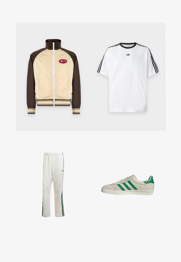 Giacca beige e marrone con zip, colletto alto, polsini e orlo a righe, caratterizzata da un patch rotondo con un design rosso nell'area del petto sinistro.; Maglietta bianca in cotone, con scollatura rotonda nera e tre strisce nere su ciascuna spalla. Piccolo logo nero sul petto.; Pantaloni da ginnastica bianchi con strisce verdi sui lati, cintura elastica e un logo sulla parte superiore sinistra. Realizzati in tessuto leggero.; Sneaker beige con strisce verdi, con suola bianca e tomaia in pelle liscia. Vista laterale che evidenzia i dettagli dei lacci e il logo.