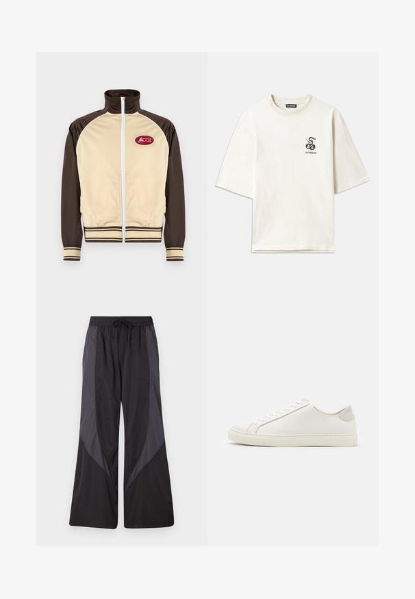 Jachetă crem și marron cu fermoar, guler înalt, manșete și tiv stripe, având o patch rotund cu un design roșu în zona stângă a pieptului.; Tricou supradimensionat de culoare crem, confecționat din bumbac. Are mâneci scurte și un mic grafic cu un șarpe negru pe partea stângă a pieptului.; Han Kjøbenhavn PANELLED TRACK TROUSERS - Pantaloni de trening - anthracite black; Tenisii albi din piele cu o suprafață netedă, vârf rotund și un design minimalist. Prezintă accente bej pe toc și o talpă din cauciuc.