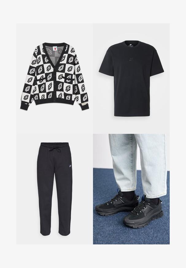 Černobílý zkrácený kardigan s V výstřihem, zdobený geometrickým vzorem mušle, s knoflíkovým zapínáním a dvěma předními kapsami. Měkká pletenina.; Černé bavlněné tričko Nike s klasickým kulatým výstřihem, krátkými rukávy a decentně vyraženým logem na hrudi. Hladký povrch.; Černé tepláky vyrobené z měkké tkaniny s elastickým pasem, šňůrkou na stažení a malým logem Nike na levém stehně.; Černé sportovní boty s texturovanou tkaninou a gumovou podrážkou, s elastickými tkaničkami a modrým akcentem na patě. Nosí se s světlými džíny.