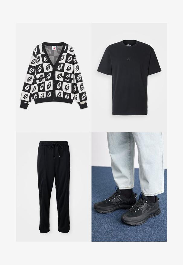 Schwarz-weiße, verkürzte Strickjacke mit V-Ausschnitt, ausgestattet mit einem geometrischen Muschel-Muster, Knopfverschluss und zwei Fronttaschen. Weiche Strickstruktur.; Schwarzes Baumwoll-T-Shirt von Nike mit klassischem Rundhalsausschnitt, kurzen Ärmeln und einem dezenten, geprägten Logo auf der Brust. Glatte Textur.; Schwarze lässige Hosen mit Kordelzug und seitlichen Eingrifftaschen sowie geradem Bein auf einem einfarbigen Hintergrund.; Schwarze Sportschuhe aus strukturiertem Stoff mit Gummisohlen, ausgestattet mit elastischen Schnürsenkeln und einem blauen Akzent an der Ferse. Getragen mit hellen Jeans.