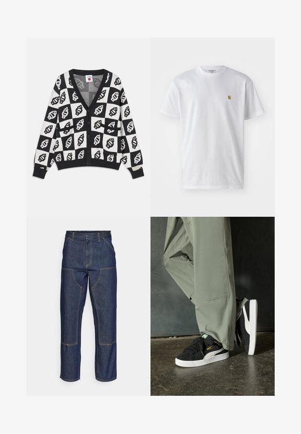 Črno-bela skrajšana jopica z V-izrezom, ki ima geometrijski školjkovni vzorec, zapiranje na gumb in dva sprednja žepa. Mehka pletenina.; Bela bombažna majica s kratkimi rokavi, krožnim ovratnikom, z majhnim zlatim logotipom na levem prsnem predelu. Mehka tekstura in običajen kroj.; Temno modri kavbojke z visokim pasom, ravnim krojem, kontrastnim šivom in žepekami na sprednji strani.; Črne semšaste športne copate z belimi gumijastimi podplati in stranskimi črtami, v kombinaciji s svetlo zelenimi cargo hlačami, ki stojijo na teksturirani temni površini.