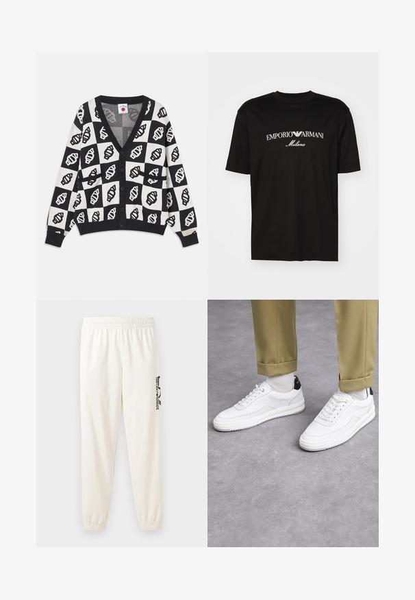 Schwarz-weiße, verkürzte Strickjacke mit V-Ausschnitt, ausgestattet mit einem geometrischen Muschel-Muster, Knopfverschluss und zwei Fronttaschen. Weiche Strickstruktur.; Schwarzes Baumwoll-T-Shirt mit Rundhalsausschnitt, kurzen Ärmeln und dem "EMPORIO ARMANI"-Logo in Weiß über dem geschwungenen Schriftzug "Milano".; Helle beige Sweatpants mit einem elastischen Bund und elastischen Bündchen. Mit einem schwarzen Logo-Druck auf dem linken Bein. Weicher Stoff. ; Weiße Sneakers mit einer strukturierten Lederoberfläche, abgerundeter Zehenpartie und schwarzem Fersenakzent. Gummisohle mit kleinem Profilmuster und genähten Details.