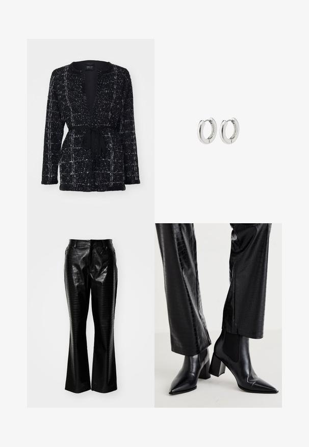 Marc Cain Jopica - black; Dolga prozorna majica v temno vijolični barvi, ki ima teksturiran vzorec z bleščečimi akcenti. Ravan rob in širok izrez.; Črne hlače iz umetnega usnja z teksturirano vzorcem krokodilje kože, razširjenimi hlačnicami in standardnim pasom z okvirčki za pas.; RAID NEMMA - Klasični gležnjarji - black metallic; Srebrni obročasti uhani s poliranim finišom, ki se ponašajo s krožno zasnovo in brezšivnimi tečaji ter gladko teksturo.