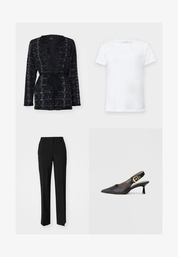 Marc Cain Kardiganas - black; Balta trumpa medvilninė marškinėlių su apvalia iškirpte. Lygus paviršius ir tiesus kirpimas, be raštų ar akcentų.; Juodi pritaikyti kelnių modeliai su tiesiomis kojomis, pasižyminčios lygiomis tekstūromis ir ryškiomis klostėmis priekyje. Nėra matomų detalių.; Juoda slingback aukštakulnė batų su smailiu nosiu, lygia odos tekstūra ir aukso atspalvio sagtimi ant dirželio.