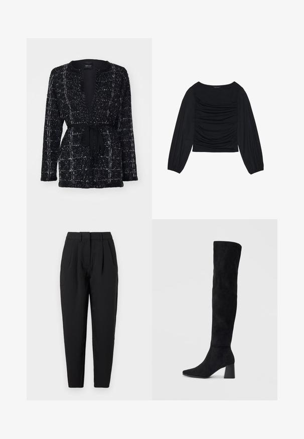 Marc Cain Gilet - black; Top noir à manches longues présentant un détail de tissu froncé à l'avant et aux poignets, fabriqué en matière douce et extensible avec un col bateau.; Pantalon noir à coupe droite, avec des plis à l'avant, une texture lisse et des poches latérales. La taille est de hauteur standard.; Botte noire en daim montée jusqu'au genou, avec un talon bloc, un bout pointu et un design lisse et sans couture sur un fond clair.