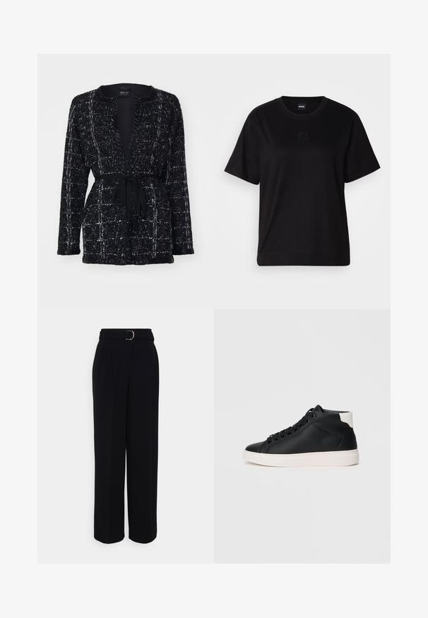 Marc Cain Cardigan - black; Maglietta in cotone nera con scollatura tonda, maniche corte e logo ricamato sul petto. Design semplice e vestibilità rilassata senza motivi.; Pantaloni neri su misura con una silhouette a gamba larga, dotati di una cintura con fibbia argentata, pieghe e una superficie di tessuto liscia.; Sneaker alta nera in pelle liscia con suola in gomma bianca, dotata di lacci rotondi, collare imbottito e accentuazione del tallone in contrasto.