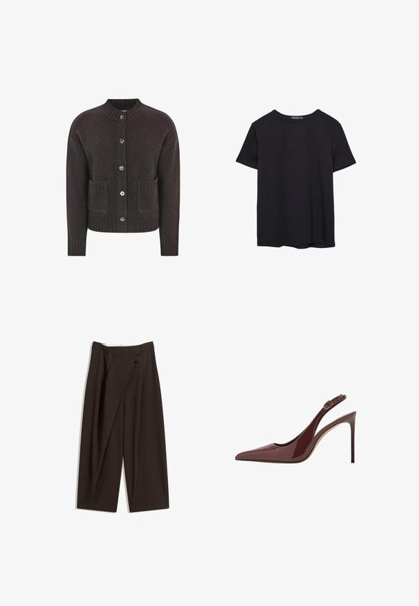 Brun stickad cardigan med rundad halsringning, fem blå knappar, ribbad fåll och två framfickor. Mjuk textur över hela plagget.; En enkel svart bomulls T-shirt med kort ärm och rund hals, uppvisad på en vit bakgrund.; Mörkbruna vida byxor med hög midja, med en enkel knappstängning och plisserad front. Tillverkade av lätt tyg.; Mörkbrun patentläder slingback med spetsig tå och hög klack, utrustad med justerbar spänne och smal stilettklack.