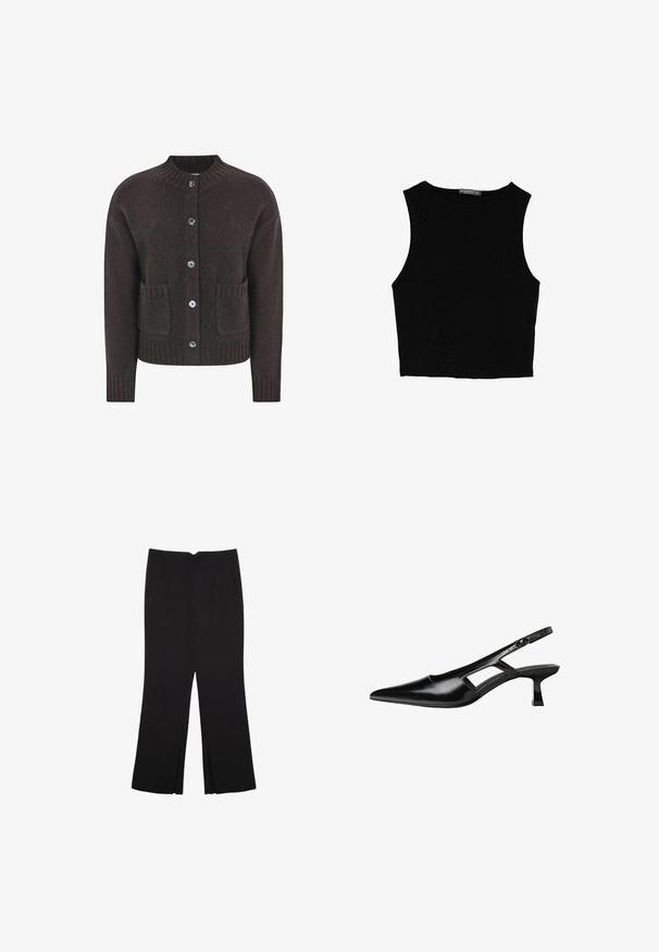 Brązowy dziergany kardigan z okrągłym dekoltem, pięcioma niebieskimi guzikami, prążkowanym dołem i dwoma przednimi kieszeniami. Miękka tekstura na całej powierzchni.; Czarny bezrękawnik crop top z gładkiego materiału, z okrągłym dekoltem i czystym, prostym wzornictwem, bez wzorów czy metalowych elementów.; Czarne spodnie o prostym kroju, z przednimi kieszeniami i bocznymi rozcięciami na dole. Wykonane z miękkiego, gładkiego materiału. Odpowiednie na różne okazje.; Czarne lakierowane czółenka na odkrytej pięcie z wąskim noskiem, z wykrojem po bokach i małym kwadratowym obcasem. Gładka faktura z minimalnymi akcentami.