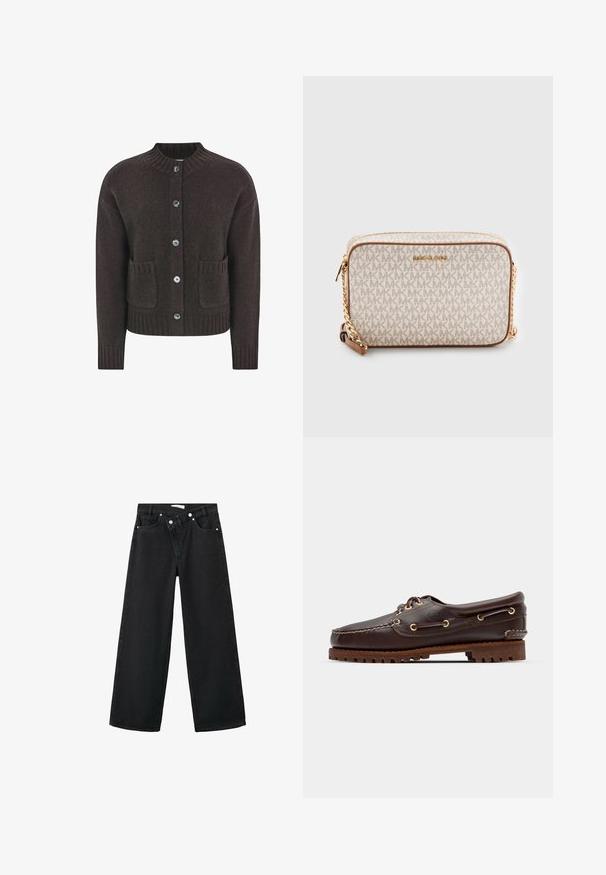 Brauner Strickcardigan mit rundem Halsausschnitt, fünf blauen Knöpfen, geripptem Saum und zwei aufgesetzten Taschen vorne. Weiche Textur überall.; Schwarz-weiße gestreifte Polohemden mit klassischem Kragen, drei Knöpfen und kurzen Ärmeln. Weicher Stoff mit glatter Textur.; Hochtaillierte schwarze Denim-Jeans im weiten Bein-Design, im Fünf-Taschen-Stil, mit silberner Metallbeschläge vorne zum Schließen.; Braune Lederbootsschuhe mit goldenen Ösen, runden Schnürsenkeln und einer strukturierten braunen Gummisohle. Verfügt über genähte Details und ein erhabenes Logo.; Beige Umhängetasche aus Canvas mit einem sich wiederholenden MK-Logo-Muster, goldfarbenen Beschlägen und einem Kettenriemen. Mit Reißverschlussverschluss und Lederakzenten.