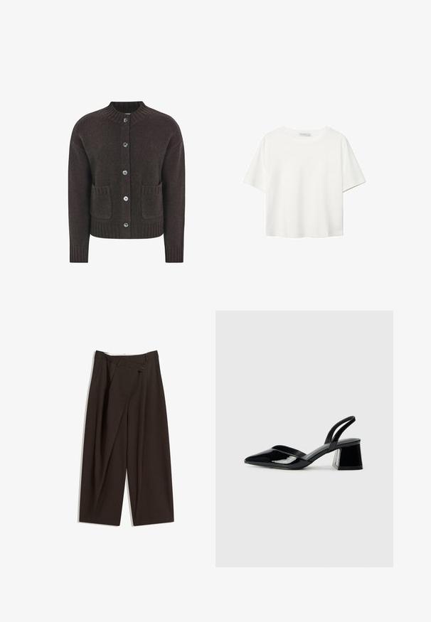 Cardigan lavorato a maglia marrone con colletto rotondo, cinque bottoni blu, orlo a coste e due tasche frontali. Texture morbida su tutta la superficie.; T-shirt bianco a maniche corte realizzato in cotone. Presenta un collo tondo e una vestibilità rilassata. Texture liscia senza motivi o dettagli visibili.; Pantaloni a gamba larga marrone scuro con vita alta, dotati di una chiusura con bottone singolo e una parte anteriore plissettata. Realizzati in tessuto leggero.; Décolleté in vernice nera con punta affusolata e tacco in geometria cubica. Presentano un design elegante e minimalista, con una texture liscia.