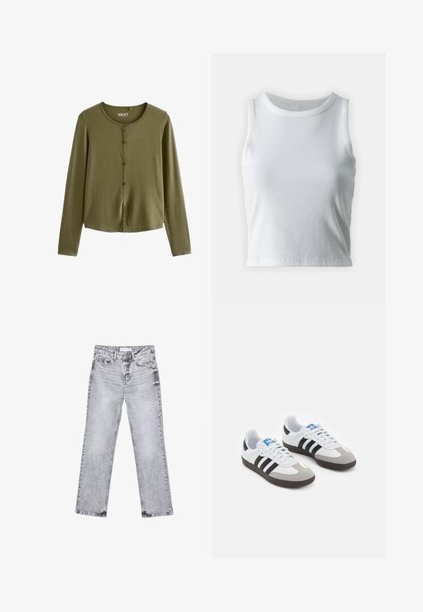 Olivgrüner Langarm-Cardigan aus geripptem Stoff, mit Rundhalsausschnitt, knöpfbarem Front und geradem Saum.; Weißes, geripptes Tanktop mit runder Ausschnittform und ärmellosem Design, ausgestattet mit einem geraden Saum und einer glatten, dehnbaren Textur.; Graue Jeans aus Denim mit geradem Bein, mit Used-Effekten, fünf Taschen und kupferfarbenen Nieten. Der Bund verfügt über ein Logoshirt.; Sportschuhe mit einem Obermaterial aus weißem Leder, grauer Wildleder-Zehenkappe und drei schwarzen Streifen. Sie verfügen über ein blaues Logo auf der Zunge und eine strukturierte Gummisohle.