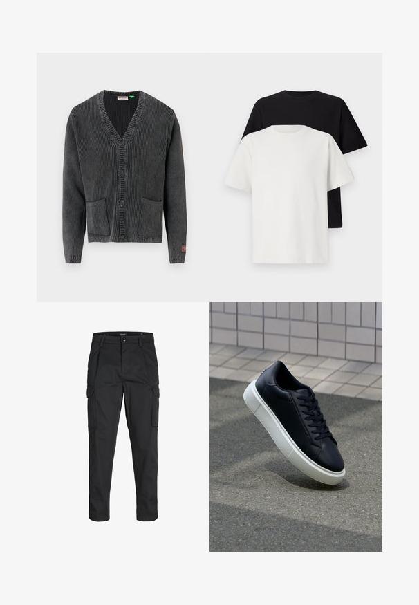 Tummanharmaa ribbineulottu neuletakki, jossa on V-pääntie, neljä mustaa nappia, kaksi etutaskua ja pieni punainen etiketti vasemman hihan kalvosimessa.; Setti puuvillapaitoja, joissa on musta ja valkoinen paita, molemmat lyhythihaisilla, pyöreällä kaula-aukolla ja normaalilla istuvuudella. Teksturoitu kangas.; Mustat cargo-housut, jotka on valmistettu kestävästä kankaasta. Housuissa on useita taskuja, nappisulku ja kapea istuvuus, jossa on kapenevat lahkeet.; Mustat nahkakengät, joissa on pyöristetty kärki ja valkoinen kumipohja. Varusteena litteät nauhat ja minimaalinen ommel ylhäällä. Teksturoitu pohja pitävyyden lisäämiseksi.