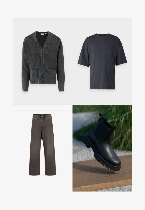 Dunkelgraue gerippte Strickjacke mit V-Ausschnitt, vier schwarzen Knöpfen, zwei Taschen vorne und einem kleinen roten Etikett am linken Ärmelbündchen.; Dunkelgraues Kurzarm-T-Shirt aus leichtem Baumwollmaterial, mit lockerer Passform und klassischem Rundhalsausschnitt, in einfarbigem Design ohne Muster.; Weite Jeans aus dunkelgrauem Denim mit hoher Taille, klassischem Fünf-Taschen-Design und kontrastierendem Stepp entlang der Nähte.; Schwarze Leder-Ankle-Boots mit elastischen Seiteneinsätzen, runder Zehenpartie und grober Laufsohle, auf einer Holzoberfläche präsentiert.