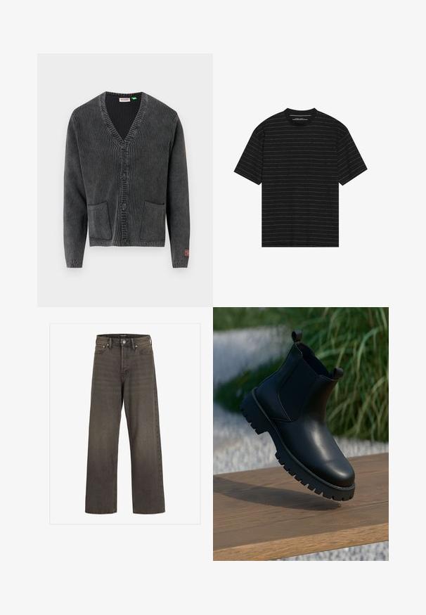 Tumši pelēks ribots adīts kardigans ar V veida kakla izgriezumu, četri melni pogām, divas priekšējās kabatas un neliels sarkans uzraksts uz kreisā piedurknes aproces.; Melnā īso piedurkņu T-kreklā ir plānas baltas horizontālas svītras. Izgatavots no mīkstas auduma, ar apaļu kakla izgriezumu un brīvu piegriezumu.; Platas kājas džinsi tumši pelēkā denima, ar augstu jostasvietu, klasisku piecu kabatu dizainu un kontrastējošām šuvēm.; Melni ādas potītņu zābaki ar elastīgiem sānu paneļiem, noapaļota purngala forma un masīva zoles protektors, izvietoti uz koka virsmas.