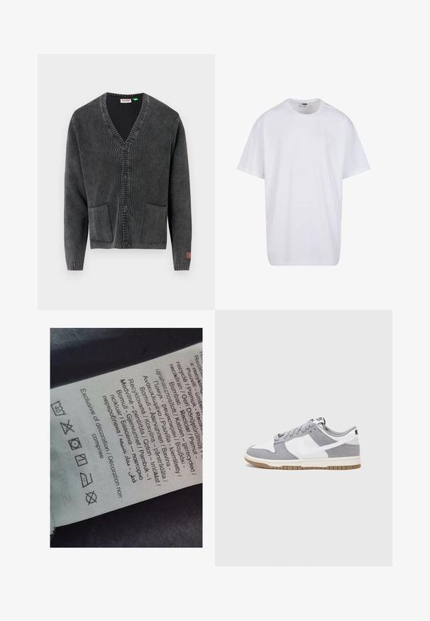 Tumehall triibuline kootud kardigan V-kaelusega, neli musta nuppu, kaks eesmist taskut ja vasaku varruka mansetil väike punane silt.; Valge puuvillane t-särk lühikeste varrukatega, ümmarguse kaelusega, lõdva lõikega ja ilma nähtavate logodeta või mustriteta. Sile tekstuur ja minimaalne disain.; Sildi silt, millel on mitmekeelsed tekstid, hooldusmärgid ja ringlussevõtuikoonid, trükitud pehme kangalaadsele materjalile heledates toonides.; Halli ja valge tennis鞋, millel on nubuk- ja nahkdetailid, ümar varvas, lamedad nöörid ning kummist tald, millel on kola aktsent.